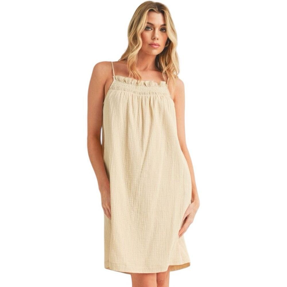 Mini Cami Dress Tan Beige Pockets Embroidered Trim Gauze Square Neck | Aemi + Co